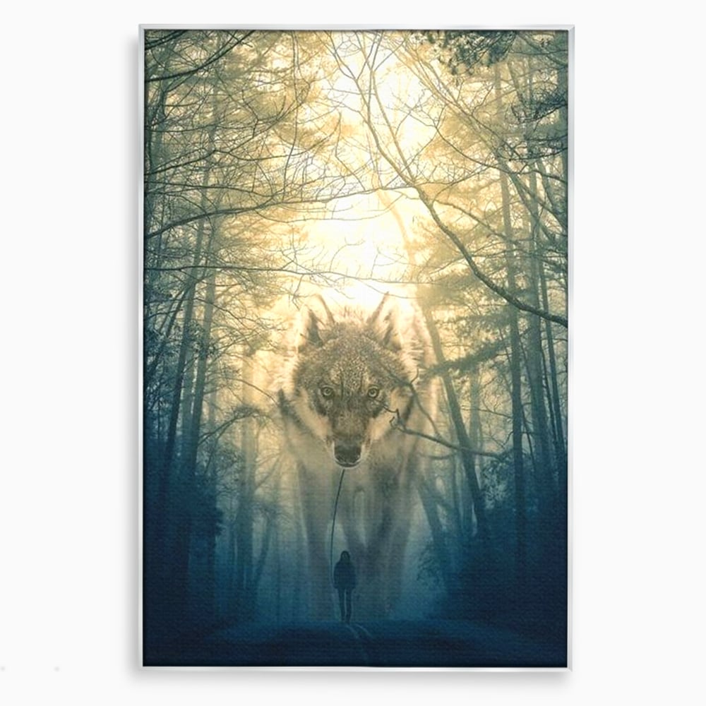 Tablou canvas cu ilustratie digitala cu un lup gigant si o silueta umana, in rama de aluminiu argintiu
